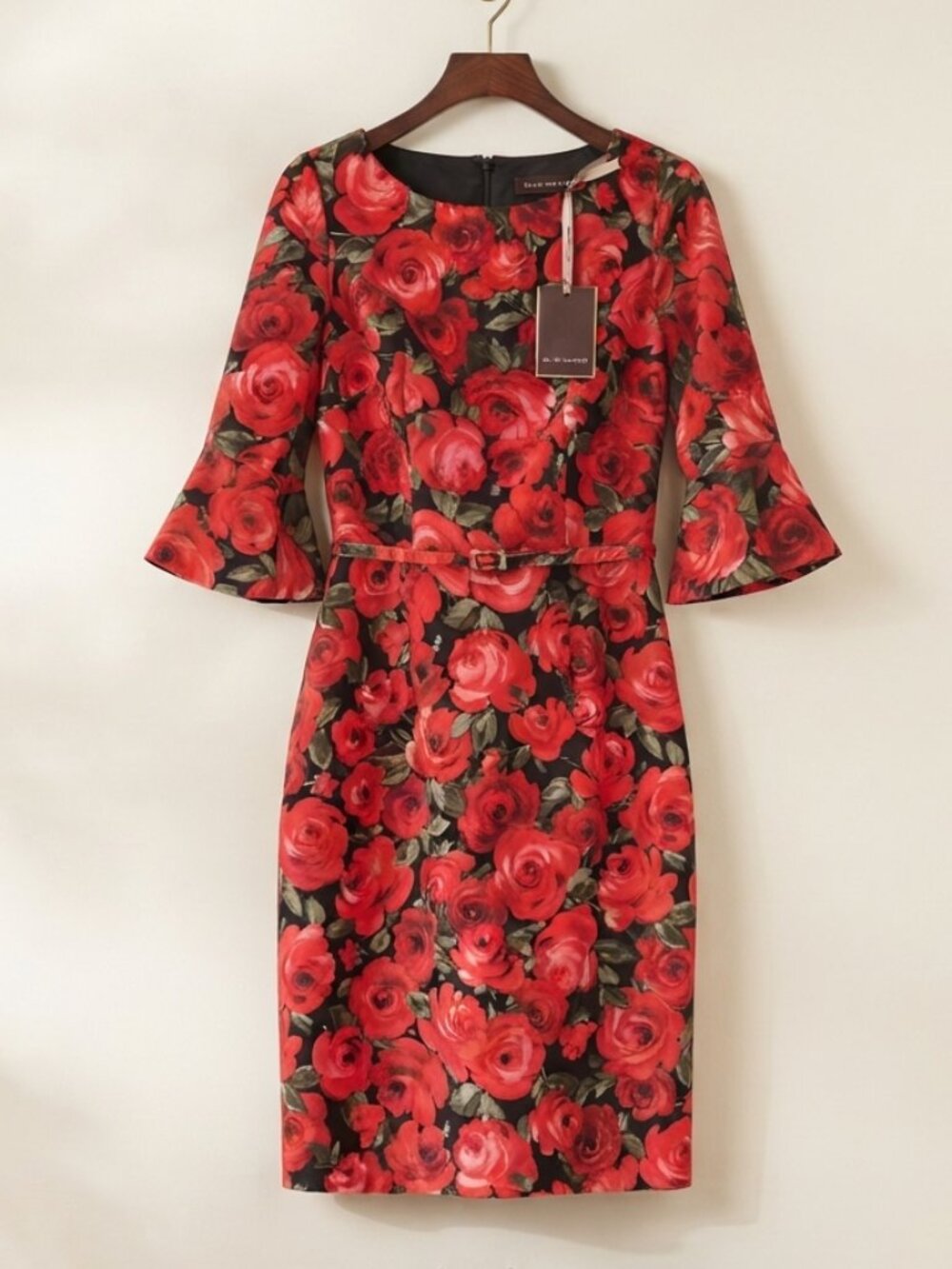 David Meister Red Rose Floral Bell Sleeve Belted Sheath Dress Size 6